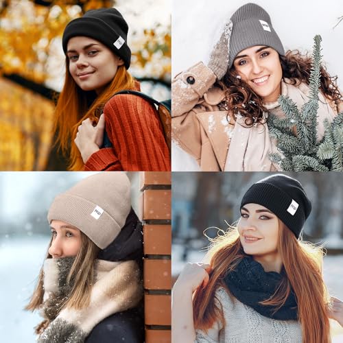 FEQO 4 Pack Satin Lined Beanies - Soft Silk Lined Winter Hats, Black/White/Gray/Oatmeal