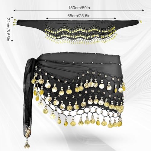 Belly Dance Hip Scarf - Black Chiffon with Gold Coins