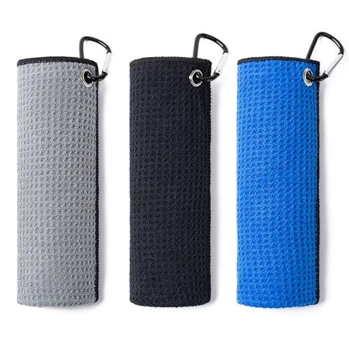 3 Pack Microfiber Golf Towels, 16x16 Waffle Weave with Clip - Blue/Black/Gray