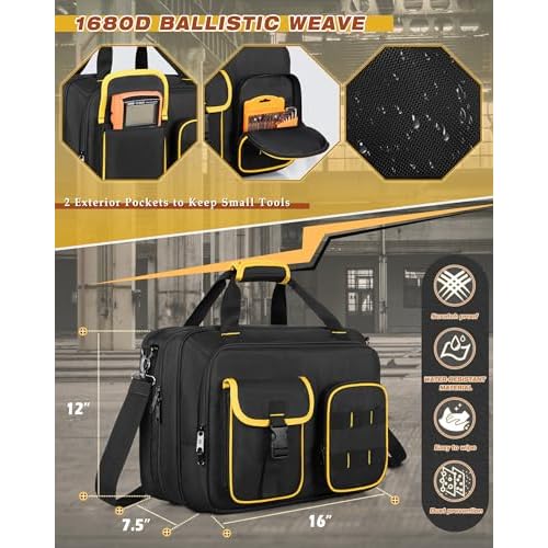 Electrician Tool Bag with Laptop Sleeve, Tool Tote with Multiple Pockets for Technicians, Black