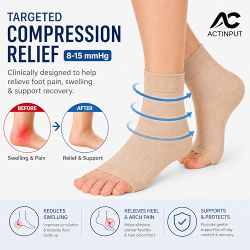 Beige Ankle Compression Socks 2 Pack for Men & Women - Foot Arch Support, Open-Toe, Large-X-Large