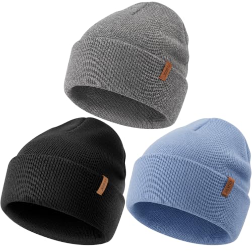 OLIKER 3-Pack Beanie Hats for Men & Women - Winter Double-Layer Skull Cap (One Size, Black/Grey/Blue)