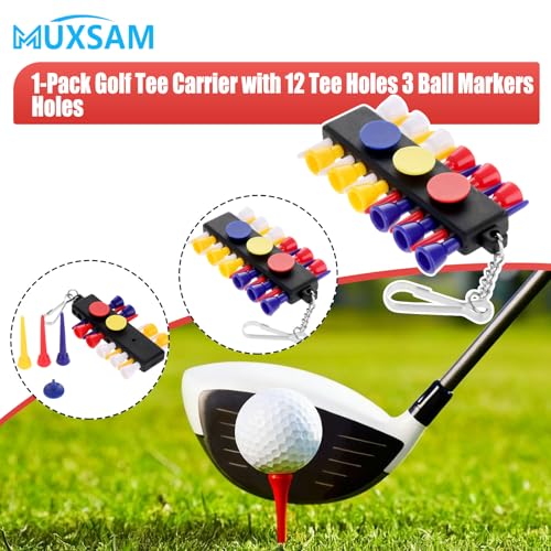 Golf Tee Holder with Keychain - 12 Tees & 3 Ball Markers - Black