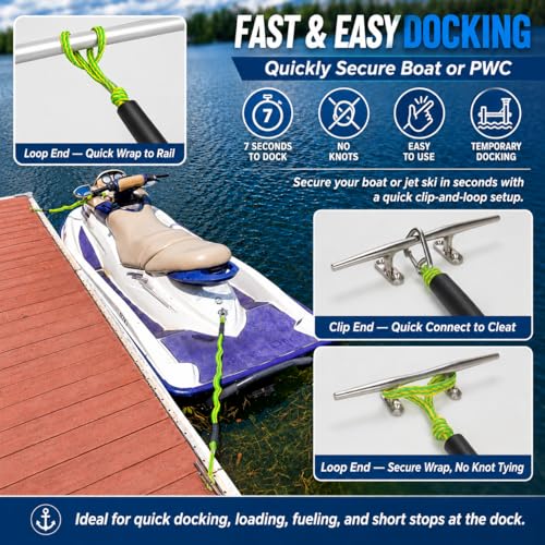 Bungee Dock Lines with Clip End (1 Loop 1 Clip) Green/Yellow – Quick No-K knot Dock Rope for Jet Ski PWC Pontoon