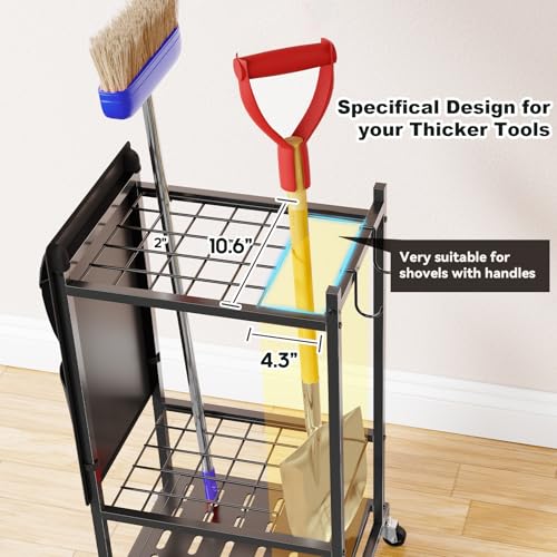 SUFAUY Garden Tool Organizer, Rolling Heavy-Duty Garage Tool Stand, Yard Storage Rack with Casters and Hooks, Black