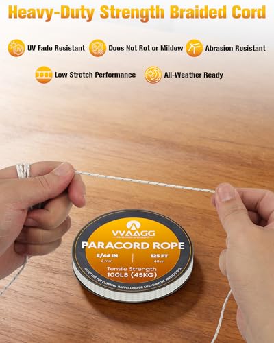 VVAAGG 2mm Reflective Paracord Rope - White, 125FT Micro Cord for Camping & DIY