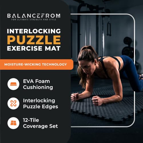 EVA Interlocking Foam Exercise Mat - 1/2" Thick, Black, 48 Sq Ft