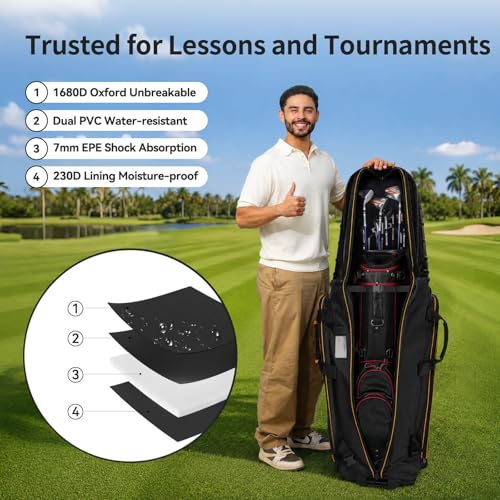 Golf Travel Bag with Carbon Fiber Hard Top - Black Carbon Fiber with Gold Piping