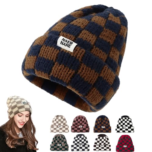 Women’s Cuffed Knit Beanie Hat - Checkerboard Plaid, Medium Green-Yellow-A