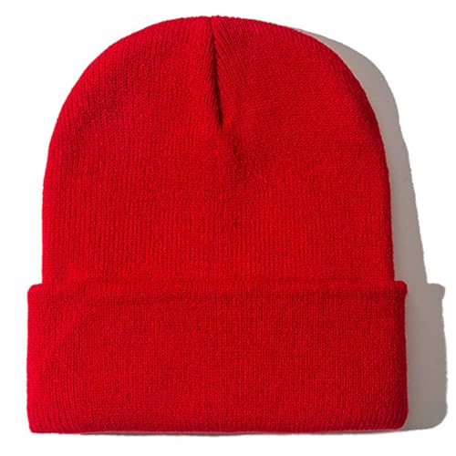 Cuffed Knit Beanie for Men & Women - Winter Skull Cap - Red