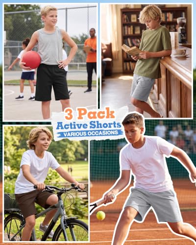 Boys Athletic Shorts - 3 Pack, Ages 6-7, Dark Coffee, Gray, Black