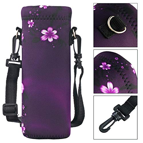 Neoprene Water Bottle Carrier Bag - Adjustable Strap, 500ml Purple Flowers