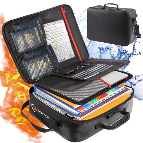 ROLOWAY Fireproof Document Bag with Lock (17 x 11.8 x 5 inch), Important Document Storage Bag with Multi-Layer File Organizers (Black)