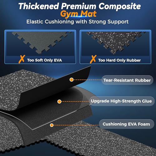1" Extra-Thick Rubber Gym Mat - 12 Interlocking Tiles, Black/Grey