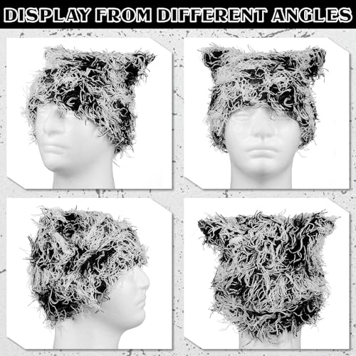 Chuarry Distressed Knitted Cat Ear Beanie Y2K Winter Hat for Women Men - Black & White