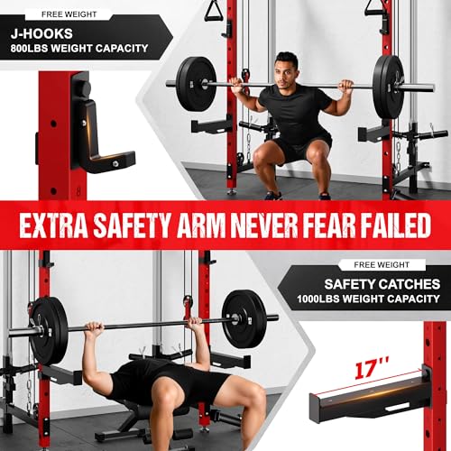 Folding Squat Rack - Wall Mounted Power Rack with Dual Pulley System - WM3 Folding Cage Red