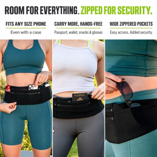 StashBandz Medium Running & Travel Belt with 3 Zipper Pockets & Water Bottle Holder