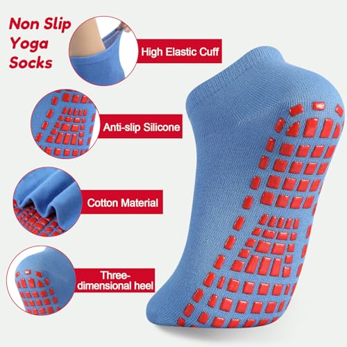 Non-Slip Yoga & Pilates Socks for Women - 4 Pairs, Blue & Red/Orange