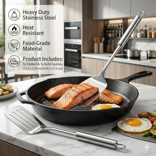 Stainless Steel Spatula Set - Heavy Duty Solid & Slotted Turner