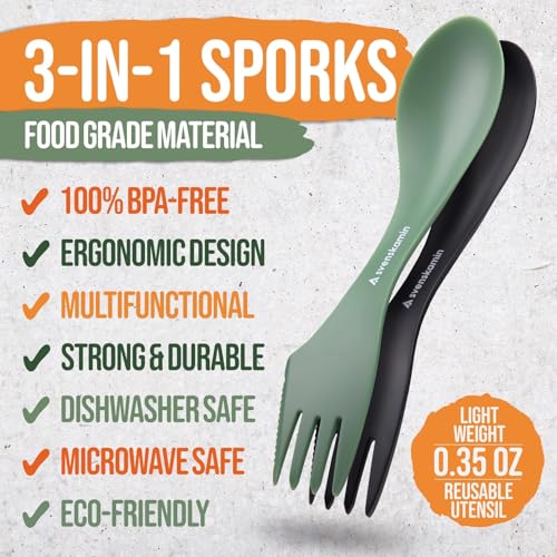 3-in-1 Camping Spork Set - Lightweight Travel Utensils, Green & Sand