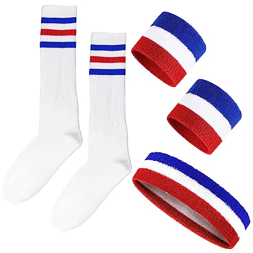 5-Piece Sweatband and Striped Socks Set - Red/White/Blue