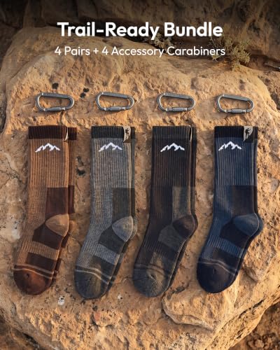 Jeasona Merino Wool Hiking Socks for Men & Women - Large-X-Large, 4 Pairs with Carabiners
