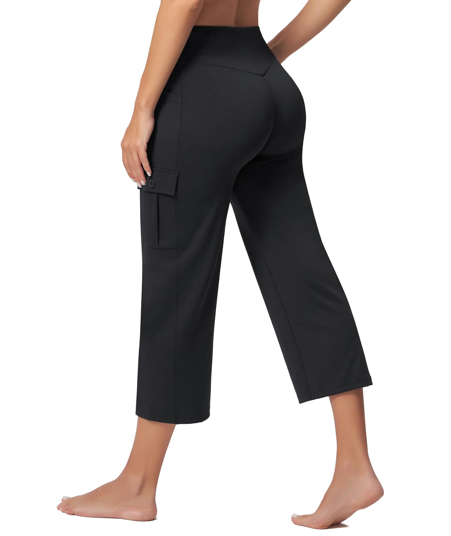 Casei Women's 21" Yoga Capris High Waisted with Pockets Cargo Capri Pants Straight Leg Casual Workout Travel Cropped Pants Black XL
