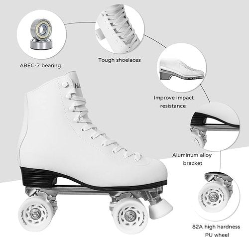 Roller Skates for Women with PU Leather High-top Double Row Rollerskates, Unisex-Adult Indoor Outdoor White Derby Skate Women Size 9 with Adjustable Fast Braking for Beginner