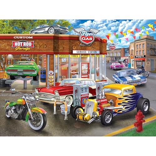 RoseArt American Nostalgia Hot Rod Garage 550 Piece Jigsaw Puzzle - Retro Car Scene