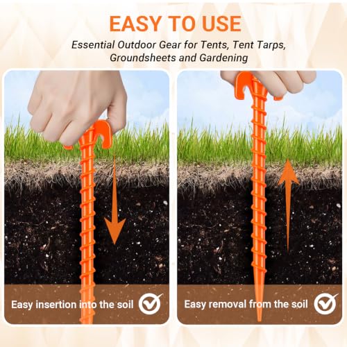 Hikemax 15 Pack Orange Plastic Spiral Tent Stakes, 10 Inch Ground Anchors