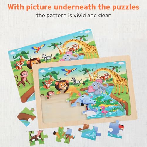 Animal World Wooden Jigsaw Puzzle Set for Kids Ages 4-6 – 4 Pack Educational Toddler Puzzles