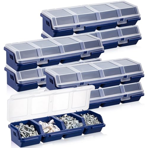 Hushee 6 Pcs Screw Organizer Box with Lid 4 Compartments Tool Bin Divider Plastic Stackable Hardware Organizer Small Part Storage Sorting Screw Box for Garage Workbench Craft Storage (Blue)