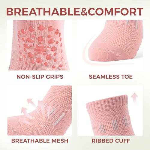 Non-Slip Pilates Socks for Women - 5 Pairs, Size 5.5-10 - Apricot, Light Green, Pink, Light Gray, Black