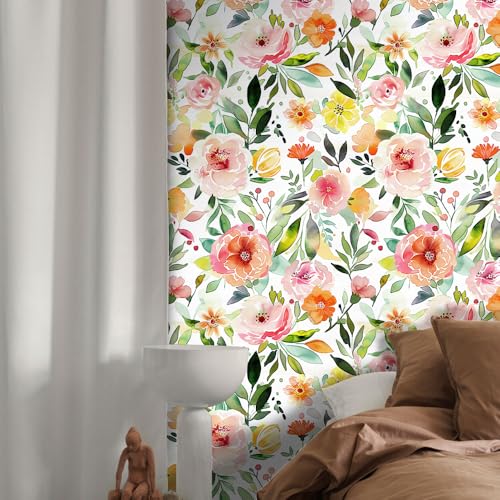Colourful Ink Floral Wallpaper,17.71"x118.1" Peel and Stick Wallpaper Self-Adhesive Contact Paper for Living Room Bedroom Washroom Cabinet Wall