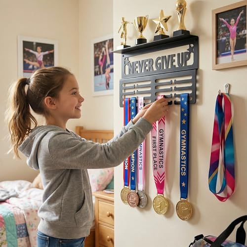 Wall-Mount Medal Holder & Trophy Shelf - Holds 64+ Medals