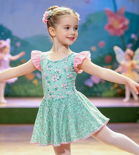 Girls Ballet Leotard Dress with Ruffled Sleeve - Green Flower (4-5T)