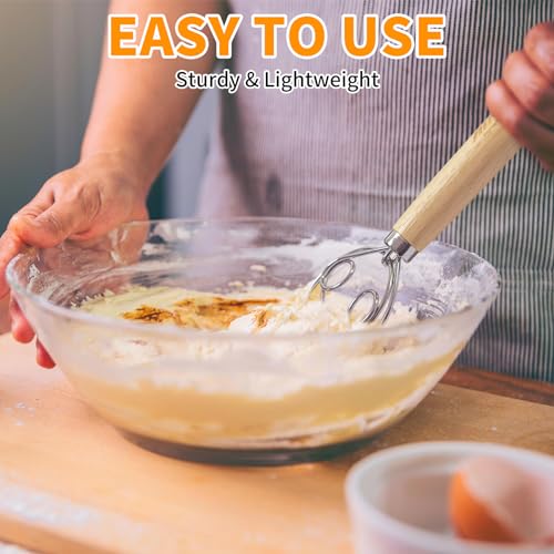 Danish Dough Whisk - Stainless Steel Bread Mixer with Wooden Handle - Double Eye