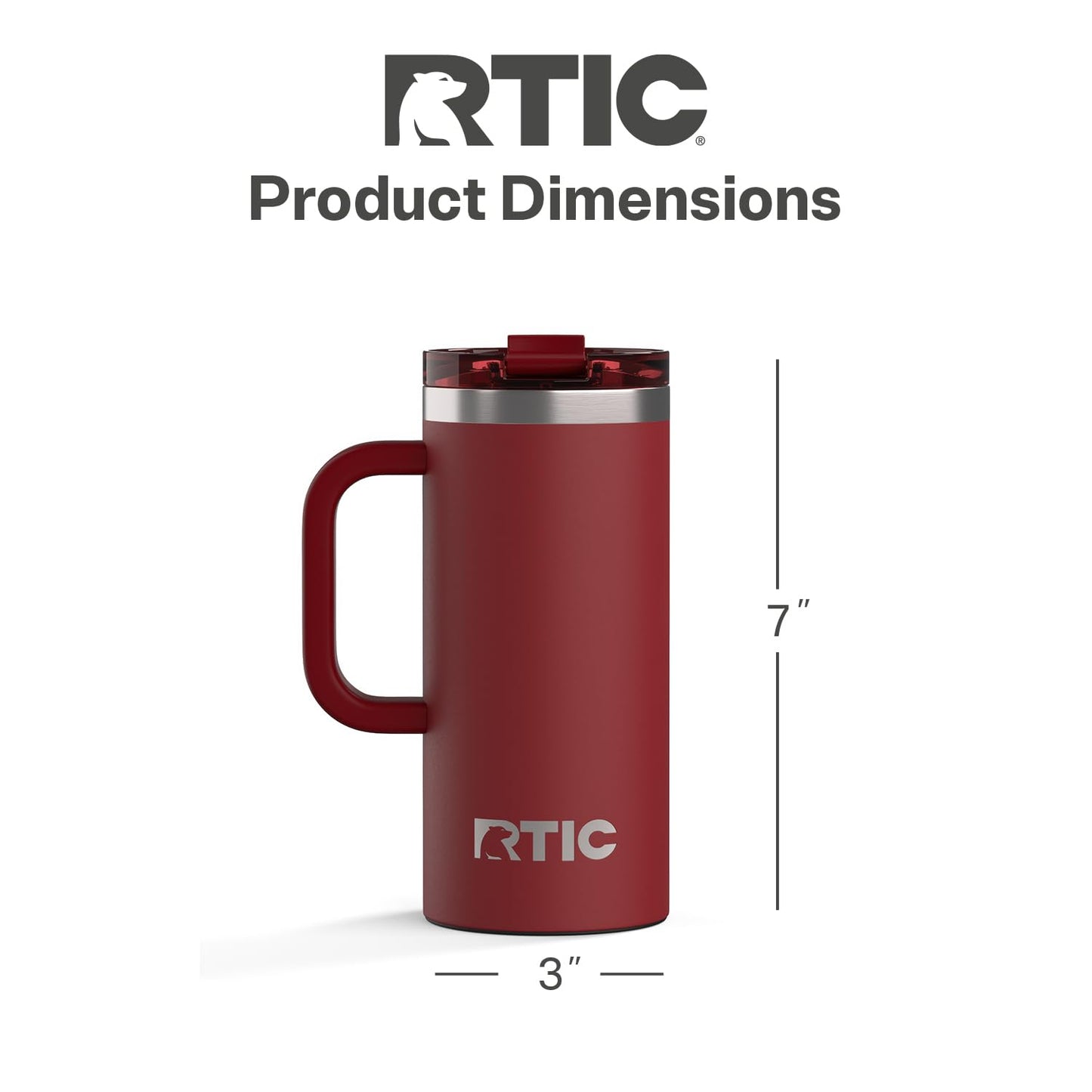 RTIC 16oz Road Trip Travel Mug with Lid and Handle, Insulated, Stainless Steel, Metal, Double Wall Vacuum-Insulation, Ceramic Lined, Portable Coffee, Tea Cup for Hot and Cold Drink, Black Cherry