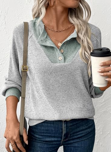 EVALESS Women's V-Neck Button Knit Sweatshirt - Light Grey, Medium Fall Top