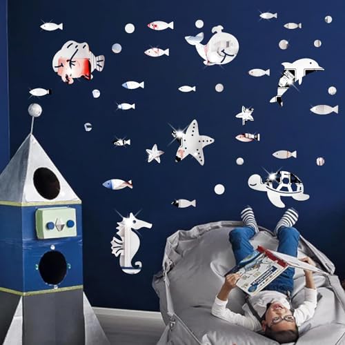 Ocean Acrylic Mirror Wall Stickers 3D Mirrors Stickers Ocean Animal Wall Decor Sea Fish Whale Dolphin Marine Wall Decals Under The Sea Wall Stickers for Baby Room Kids Room Bathroom Nursery Decor