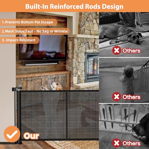 Reinforced 22 Inch Tall Retractable Dog Gate Step Over Pet Gate, 75" Wide Dog Gate for Stairs with Support Rods-Prevent Crawling Under, Indoor Short Pet Gate Puppy Gate Outdoor Retractable Gate/Black