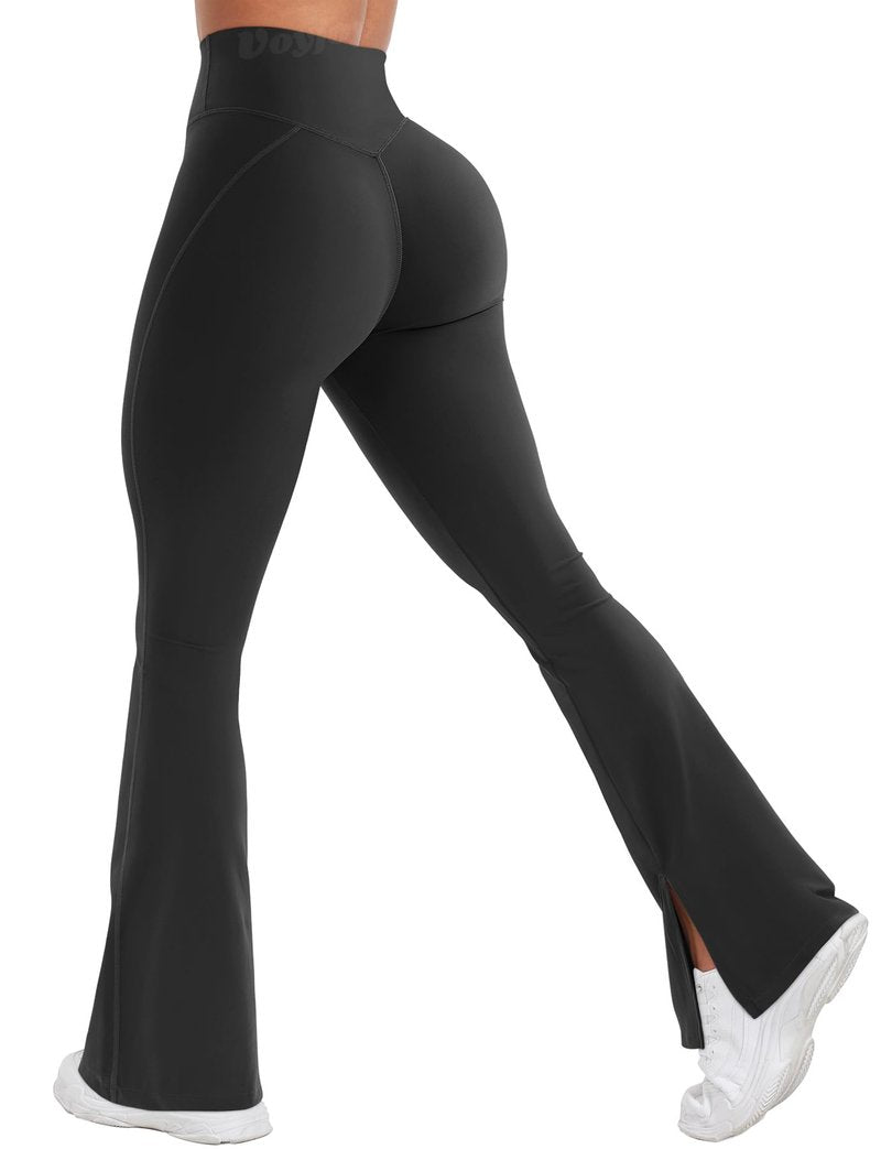 VOYJOY Womens Split Hem Legging Workout High Waist Mini Flared Leggings Casual Workout Gym Yoga Pants Black