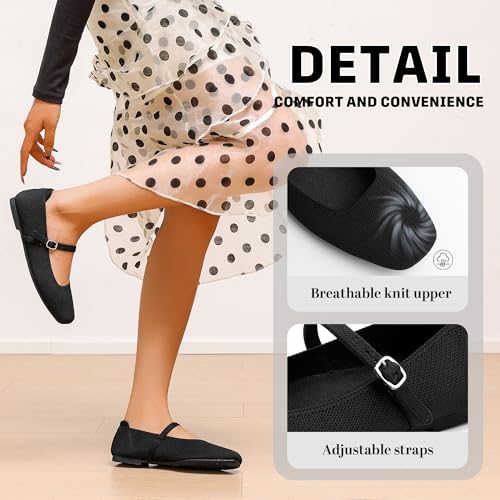 NIEARDAN Women's Ballet Flats 6.5 Black Square Toe Slip-On Shoes Casual Dress