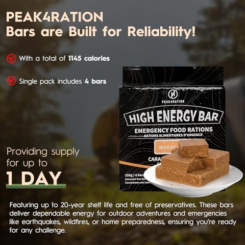 PEAK4RATION High Energy Bar | Emergency Ration Biscuits - Caramel Cinnamon 250g 1145kcal | Long Shelf-Life Compressed Biscuits for up to 1 Day Food Supply - Compact Survival Food Bar MRE for Outdoor Camping, Crisis, Earthquake, Wildfire, Home Preparedness