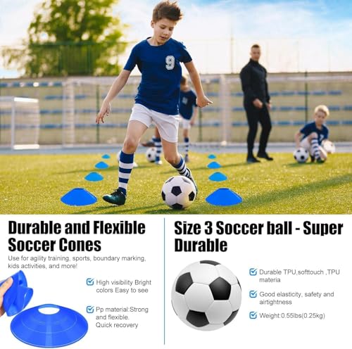 Kids Soccer Goals Set - 2 Portable Pop Up Nets with Ball & Cones - Blue Black, 4x3FT