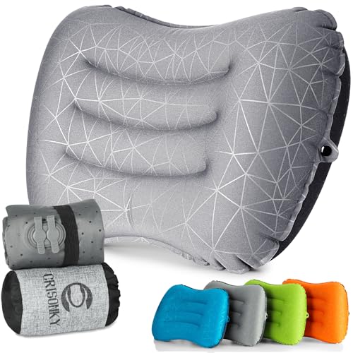 Crisonky Light Grey Inflatable Camping Pillow - Ultralight Travel & Lumbar Support
