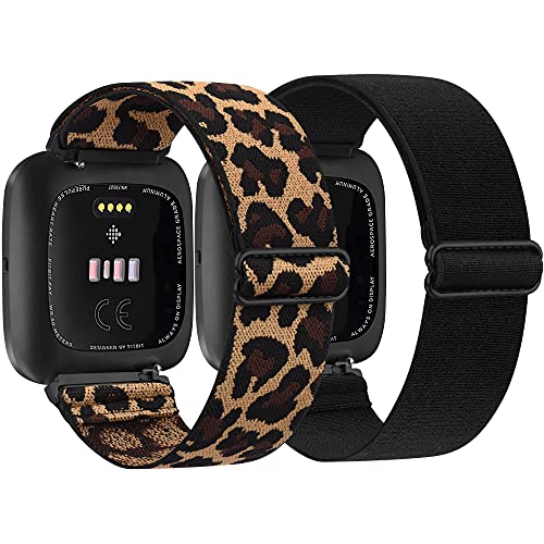 Adjustable Nylon Sport Wristbands - 2 Pack for Fitbit Versa - Black & Leopard