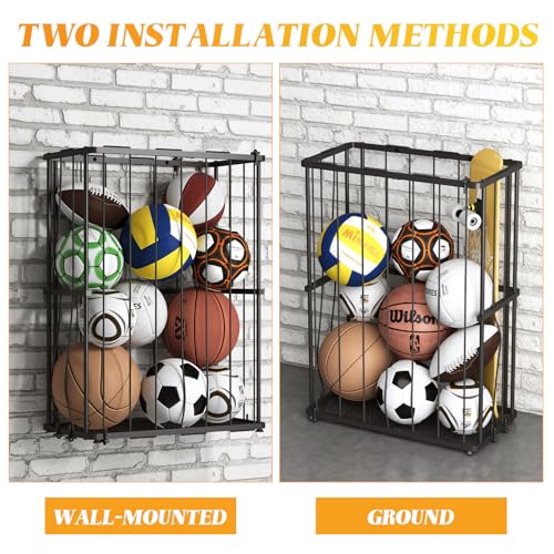 Wall-Mounted & Floor Sports Ball Storage Rack Organizer - Black