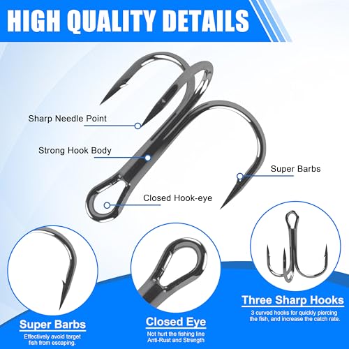 Black 8# Treble Hooks 60pcs High Carbon Steel Fishing Hooks for Saltwater & Freshwater Lures