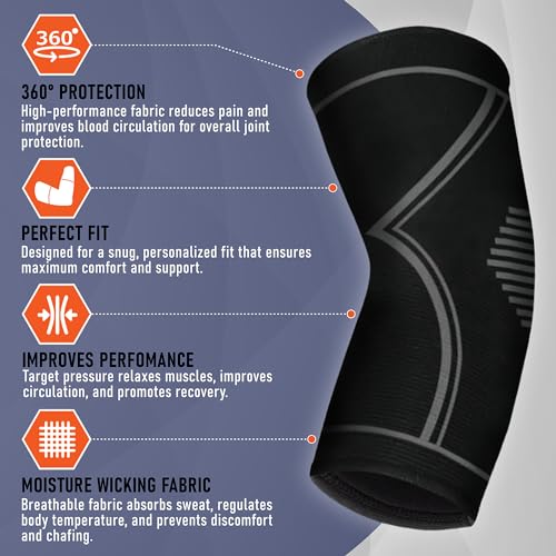 Elbow Compression Sleeve for Tennis & Golfers Elbow Pain - 2 Pack - Black Large